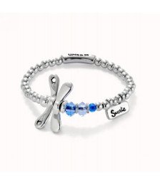 Uno de 50 Elastic bracelet with sterling silver plated dragonfly with blue crystals pul2475