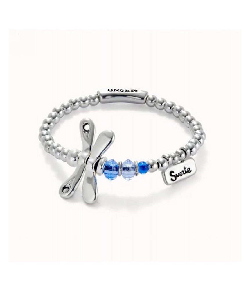 Uno de 50 Elastic bracelet with sterling silver plated dragonfly with blue crystals pul2475