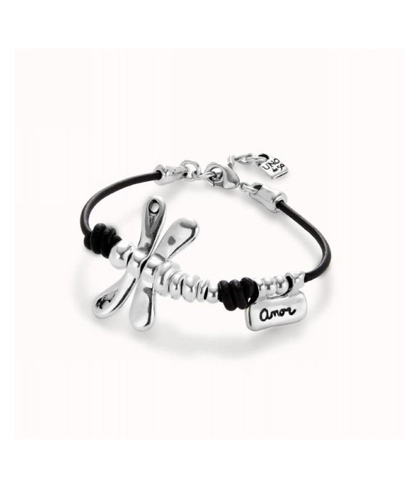 UNO de 50 Leather bracelet with sterling silver-plated dragonfly pul2479