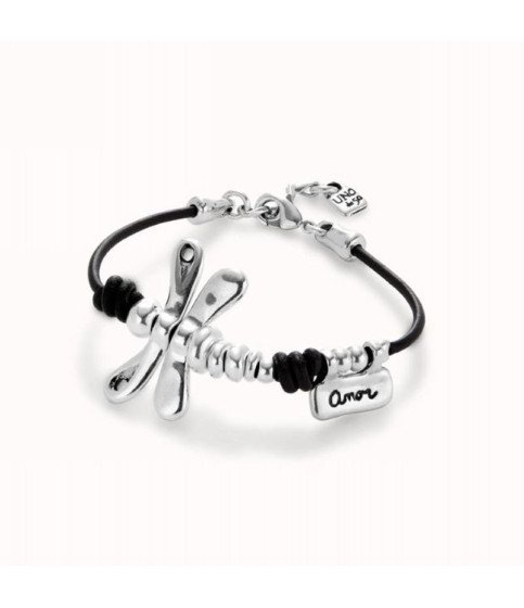 UNO de 50 Leather bracelet with sterling silver-plated dragonfly pul2479