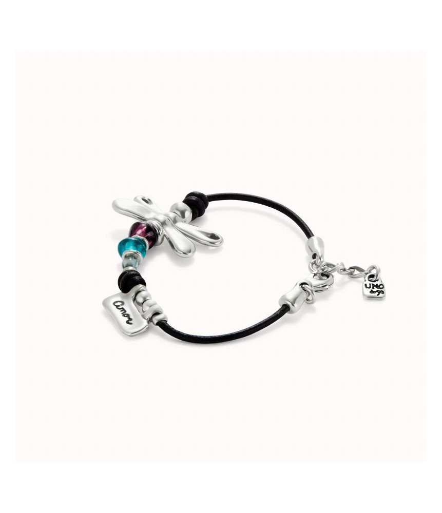 UNO de 50 Leather bracelet with sterling silver-plated and crystals dragonfly pul2478