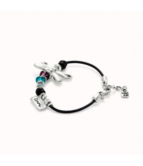 UNO de 50 Leather bracelet with sterling silver-plated and crystals dragonfly pul2478